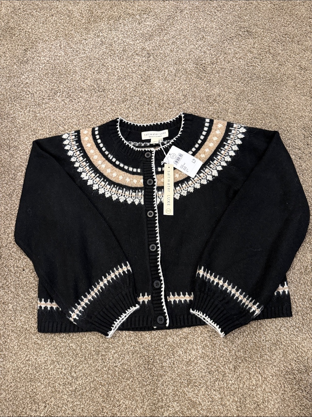 saltwater LUXE Black Fair Isle Yoke Button-Front Cardigan